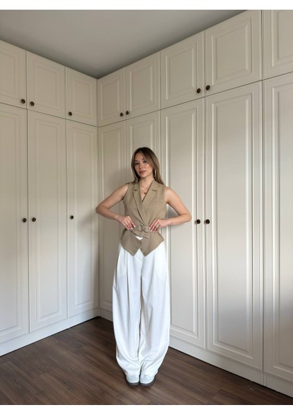 Pamuk Kumaş Kuşaklı Siyah/camel Yelek modelleri