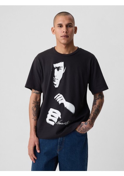 Erkek Siyah Bruce Lee Grafikli T-Shirt