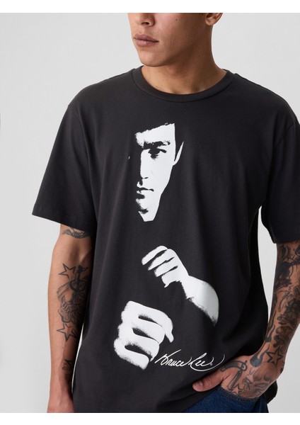 Erkek Siyah Bruce Lee Grafikli T-Shirt