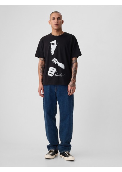 Erkek Siyah Bruce Lee Grafikli T-Shirt