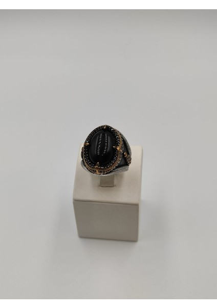 Siyah Taşlı Kapşon Kesim Erkek Yüzüğü 24 mm 925 Ayar Gümüş Yüzük fırsatları