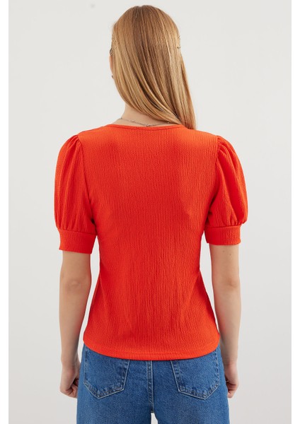 0409 Kare Yaka Örme Bluz - Oranje indirimleri