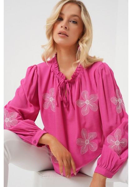 Kadın Uzun Kol Nakışlı Örme Bluz 951 - Pembe