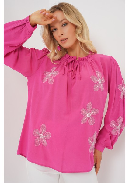 Kadın Uzun Kol Nakışlı Örme Bluz 951 - Pembe