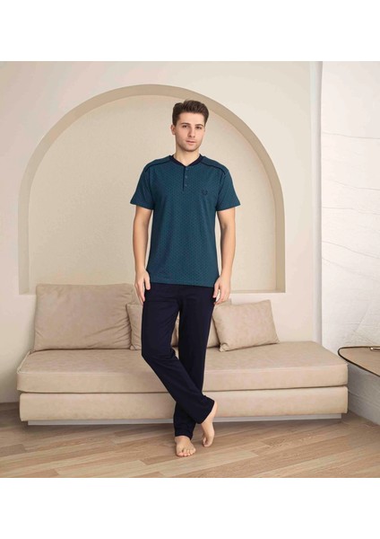 Erkek Kısa Kollu Dügmeli Yaka Uzun Alt Penye Kumaş Orta Kalın Pijama TAKIMI-5313