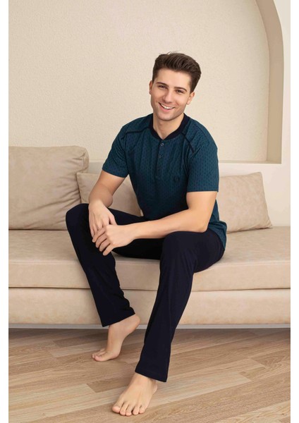 Erkek Kısa Kollu Dügmeli Yaka Uzun Alt Penye Kumaş Orta Kalın Pijama TAKIMI-5313