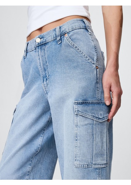 Kadın Mavi Mid Rise '90S Loose Kargo Jean Pantolon