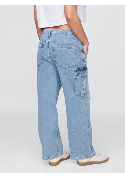 Kadın Mavi Mid Rise '90S Loose Kargo Jean Pantolon