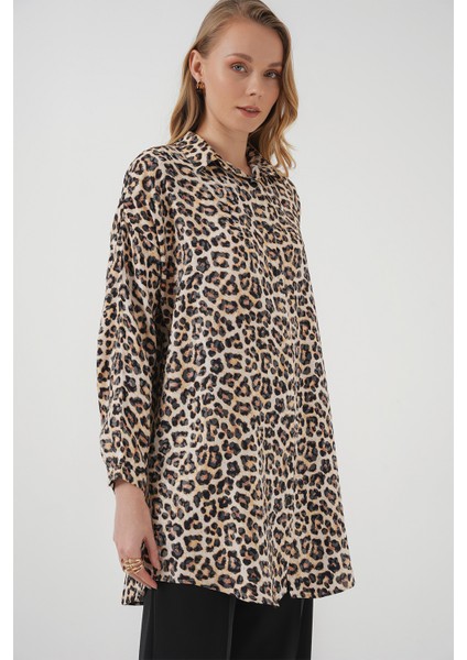5944 Desenli Uzun Gömlek Tunik - Bej modelleri