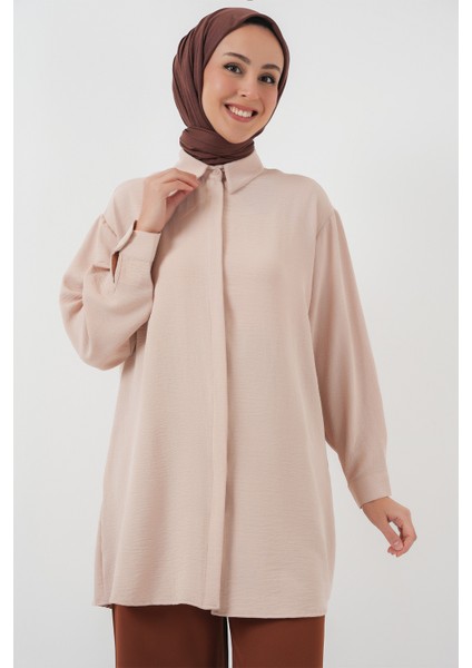 Kadın Uzun Gömlek Tunik 5945 - Krem