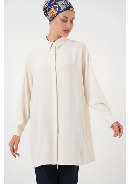 Kadın Uzun Gömlek Tunik Ekru Renkli Şık Tasarım 84 cm Uzunluk 53 cm Kol Boyu