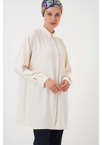 Kadın Uzun Gömlek Tunik Ekru Renkli Şık Tasarım 84 cm Uzunluk 53 cm Kol Boyu modelleri