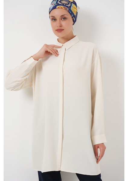 Kadın Uzun Gömlek Tunik Ekru Renkli Şık Tasarım 84 cm Uzunluk 53 cm Kol Boyu fırsatları