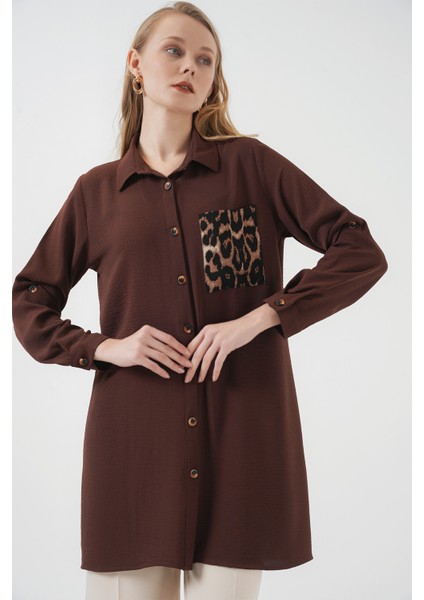 5851 Cep Detaylı Gömlek Tunik - Kahverengi