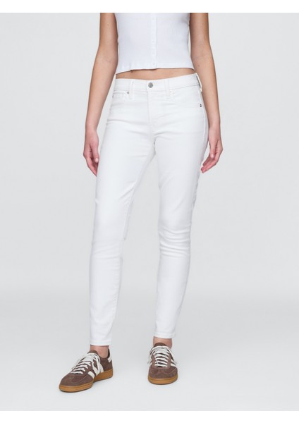 Kadın Beyaz Mid Rise True Skinny Jean Pantolon