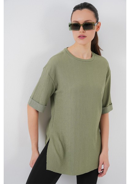 4332 Yanı Yırtmaçlı Örme Tişört - Çağla modelleri