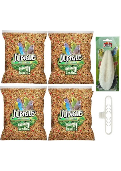 Muhabbet Kuşu Yemi 500 gr x 4 Adet 2027 Skt Taze Yem + Exovit Kalamar Kemiği 10-12 cm + Kalamar Tutucu