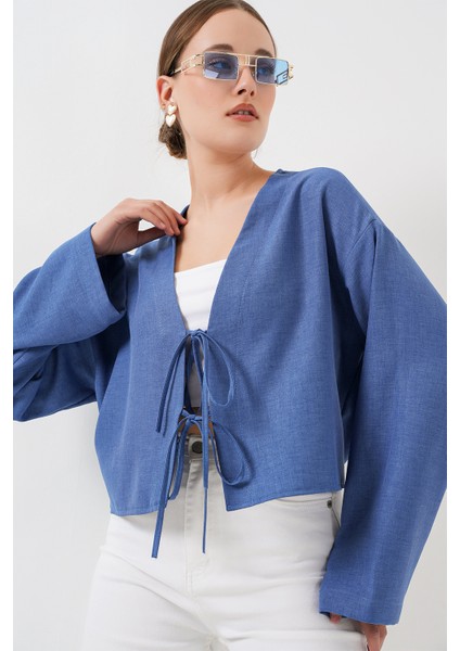 Önü Bağlamalı Keten Kimono 960 - Indigo