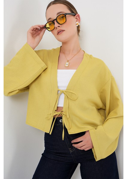 Önü Bağlamalı Keten Kimono 960 - Yağ Yeşil