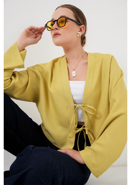 Önü Bağlamalı Keten Kimono 960 - Yağ Yeşil fırsatları