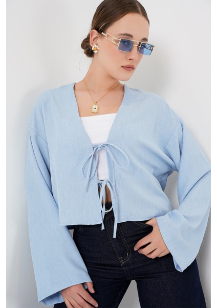 Önü Bağlamalı Keten Kimono 960 - Mavi