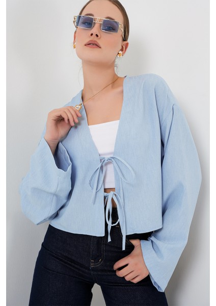 Önü Bağlamalı Keten Kimono 960 - Mavi