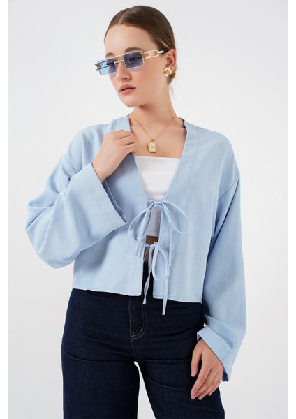Önü Bağlamalı Keten Kimono 960 - Mavi
