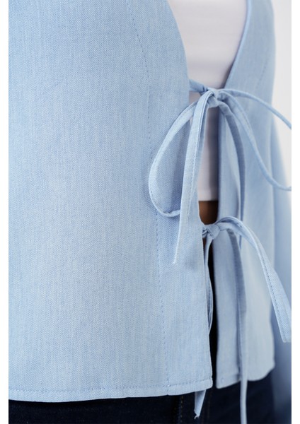 Önü Bağlamalı Keten Kimono 960 - Mavi