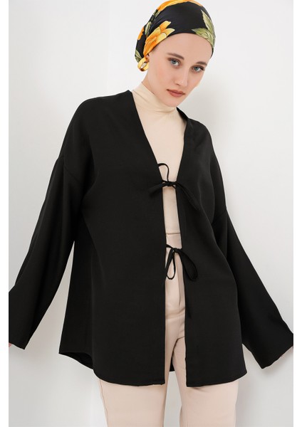 Keten Tesettür Kimono Orta Kalınlıkta Kadınlar İçin Siyah Renk 5968 Model