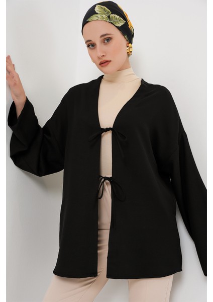 Keten Tesettür Kimono Orta Kalınlıkta Kadınlar İçin Siyah Renk 5968 Model modelleri