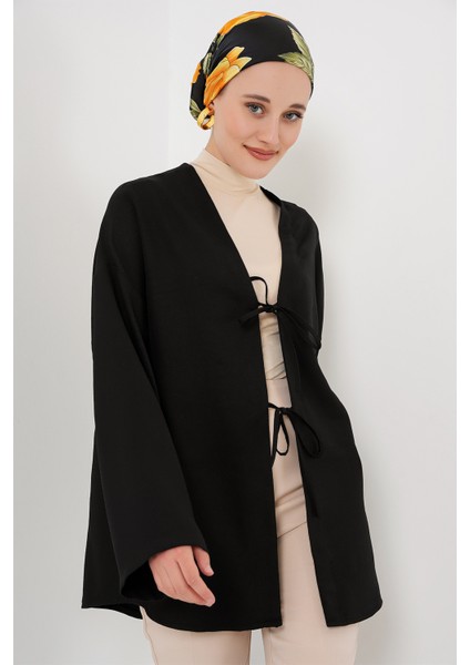 Keten Tesettür Kimono Orta Kalınlıkta Kadınlar İçin Siyah Renk 5968 Model fırsatları