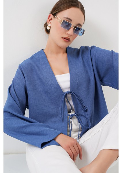 Önü Bağlamalı Keten Kimono 960 - Indigo