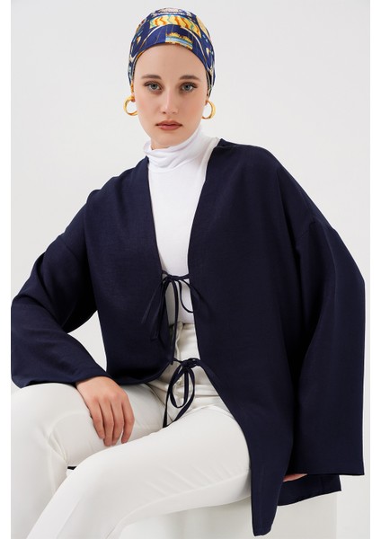 Keten Tesettür Kimono Lacivert Orta Kalınlıkta Kadınlar İçin Şık Tasarım