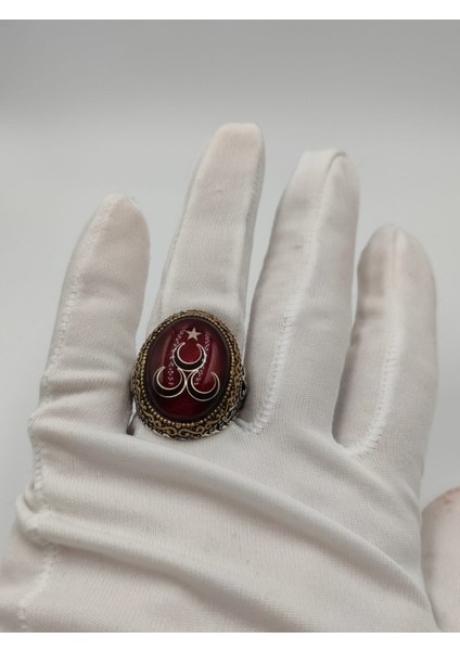 3 Hilal Kırmızı Taşlı Erkek Yüzüğü 26 mm 925 Ayar Gümüş Yüzük