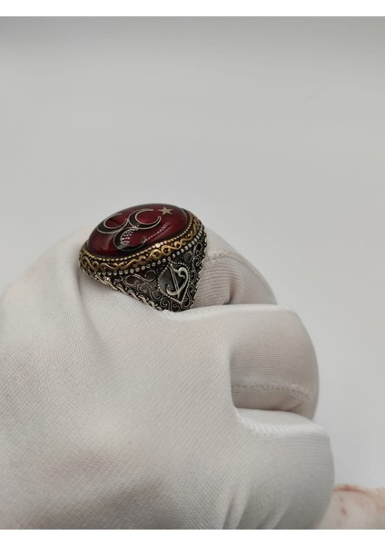 3 Hilal Kırmızı Taşlı Erkek Yüzüğü 26 mm 925 Ayar Gümüş Yüzük fiyatları