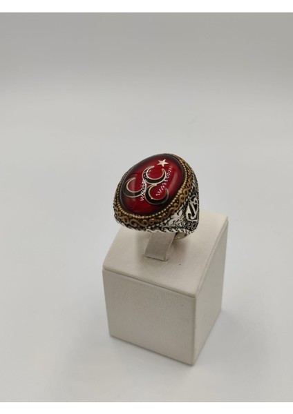 3 Hilal Kırmızı Taşlı Erkek Yüzüğü 26 mm 925 Ayar Gümüş Yüzük fırsatları