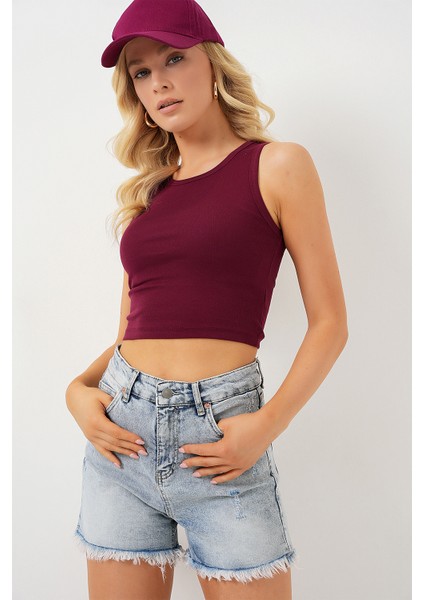 Kadın Püsküllü Kot Şort 5338 - Mavi