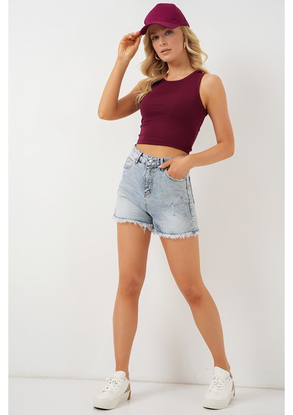 Kadın Püsküllü Kot Şort 5338 - Mavi modelleri