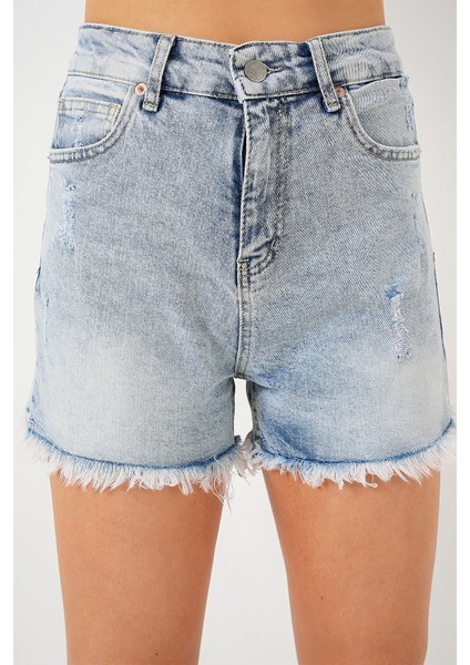Kadın Püsküllü Kot Şort 5338 - Mavi fırsatları