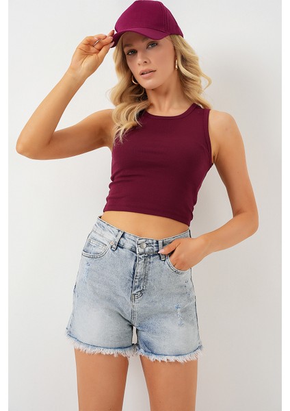 Kadın Püsküllü Kot Şort 5338 - Mavi indirimleri