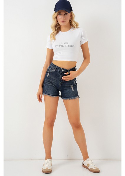 Kadın Püsküllü Kot Şort 5338 - Lacivert modelleri