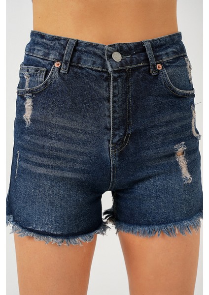 Kadın Püsküllü Kot Şort 5338 - Lacivert indirimleri