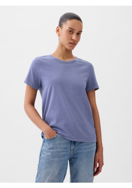Kadın Mavi %100 Pamuk Vintage Bisiklet Yaka T-Shirt