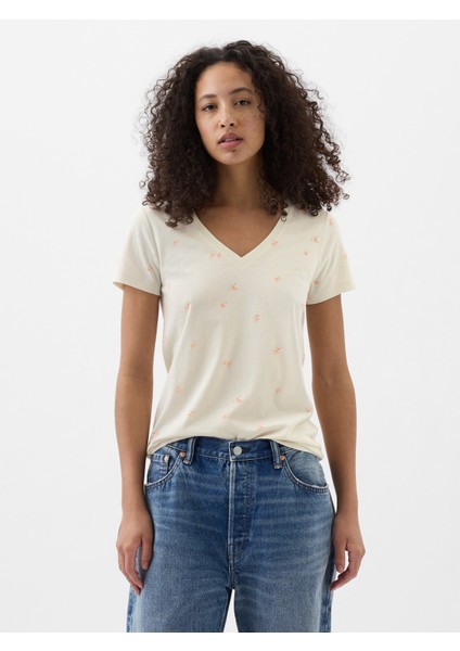 Kadın Kırık Beyaz Favorite V Yaka T-Shirt