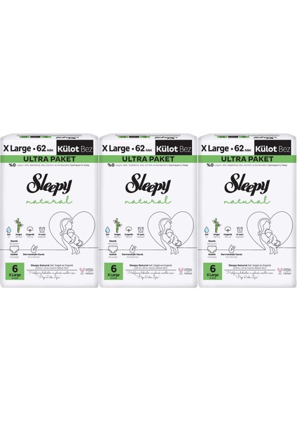 Külot Bebek Bezi Natural Beden: 6 (15- 25KG) Extra Large 186 Adet Aylık Ultra Pk