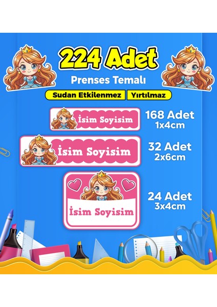 Prenses Temalı Okul Kreş Kişiye Özel Isim Etiket Seti - Model 303