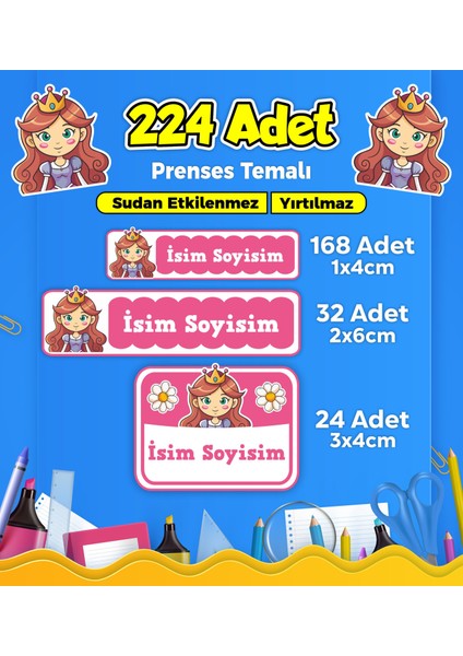 Prenses Temalı Okul Kreş Kişiye Özel Isim Etiket Seti - Model 306