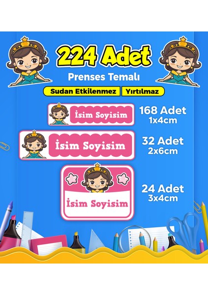 Prenses Temalı Okul Kreş Kişiye Özel Isim Etiket Seti - Model 305