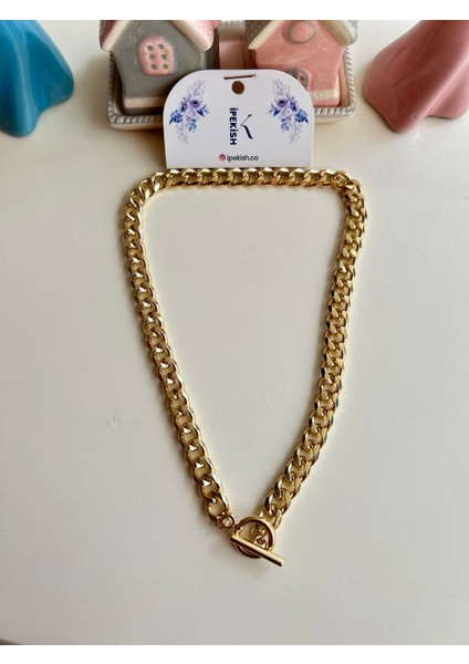 Gold, Unisex, T-Bar Zincir Kolye - Kapaması Önde Şık ve Modern Tasarım indirimleri