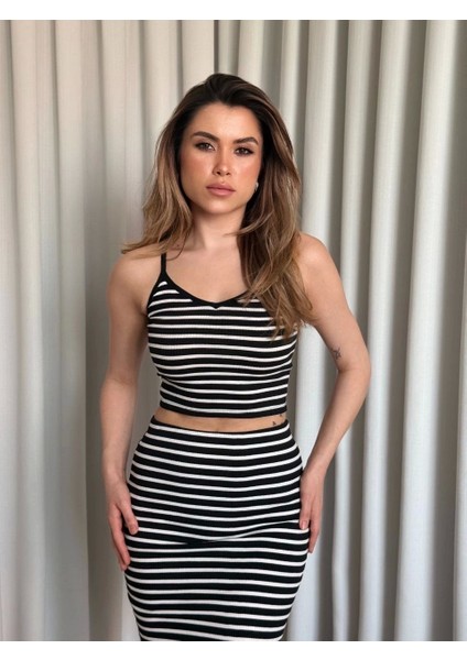 Çizgili Etek Crop Takım